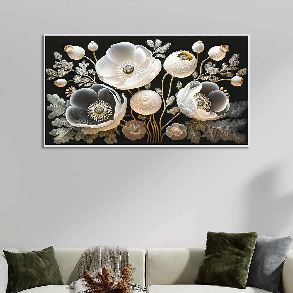 Elegant Modern 3d White Floral Canvas Wall Painting