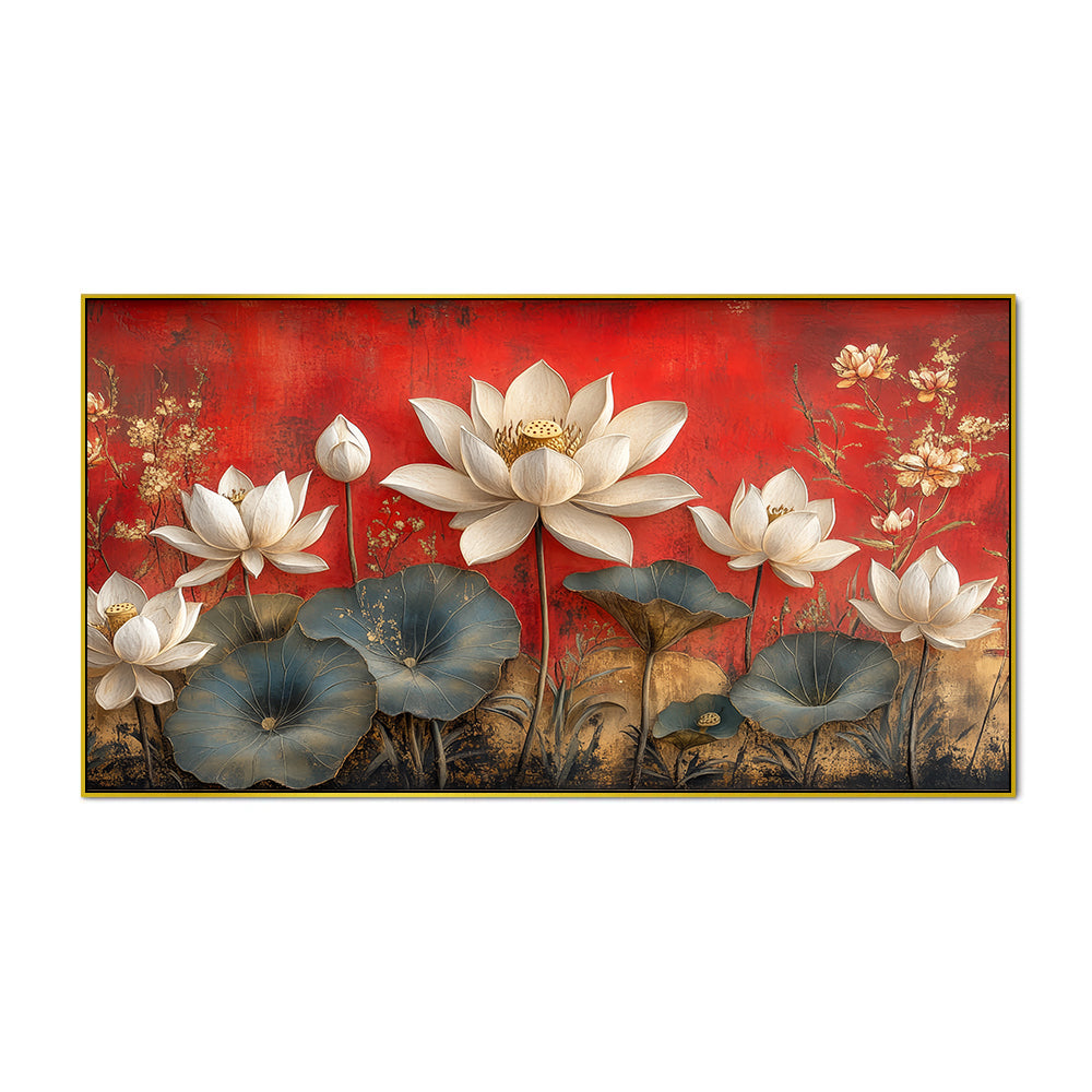 White & Golden Lotus Floral Vastu Canvas Wall Painting for Home Décor