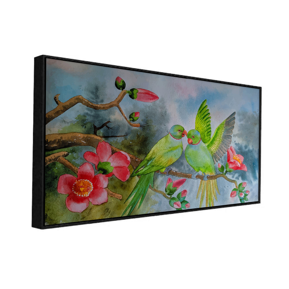 Beautiful Wall Painting of Cute Parrot Couple Sitting on Floral Branch
