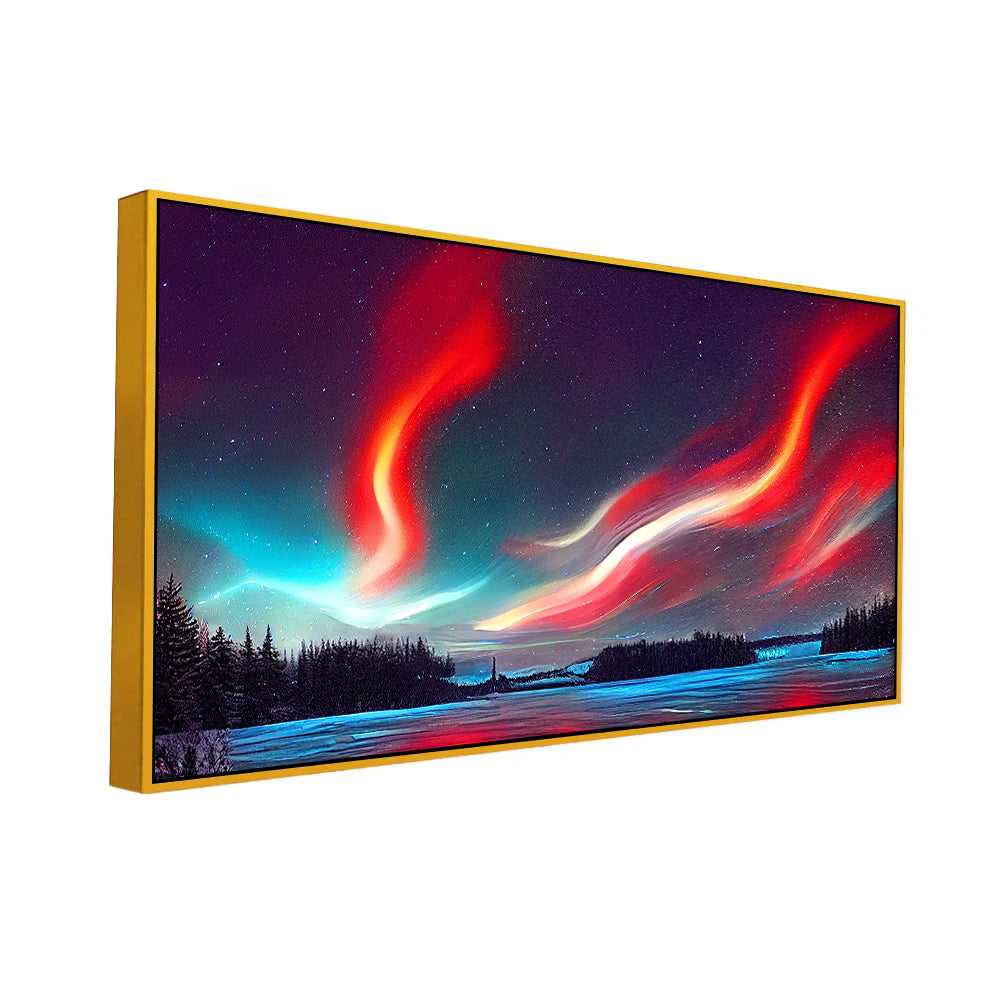 Vibrant Nordic Night Sky Landscape Canvas Wall Painting With Floating Frame