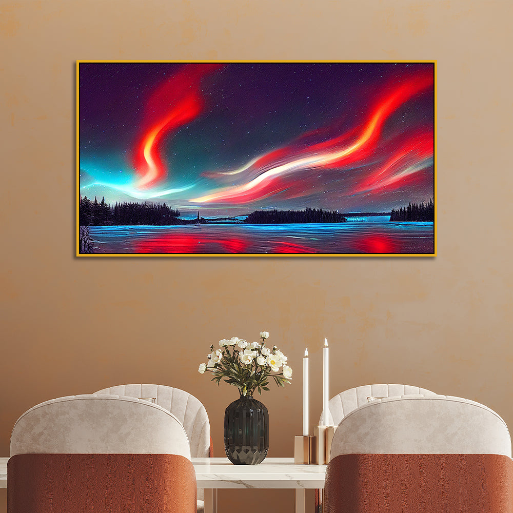 Vibrant Nordic Night Sky Landscape Canvas Wall Painting With Floating Frame