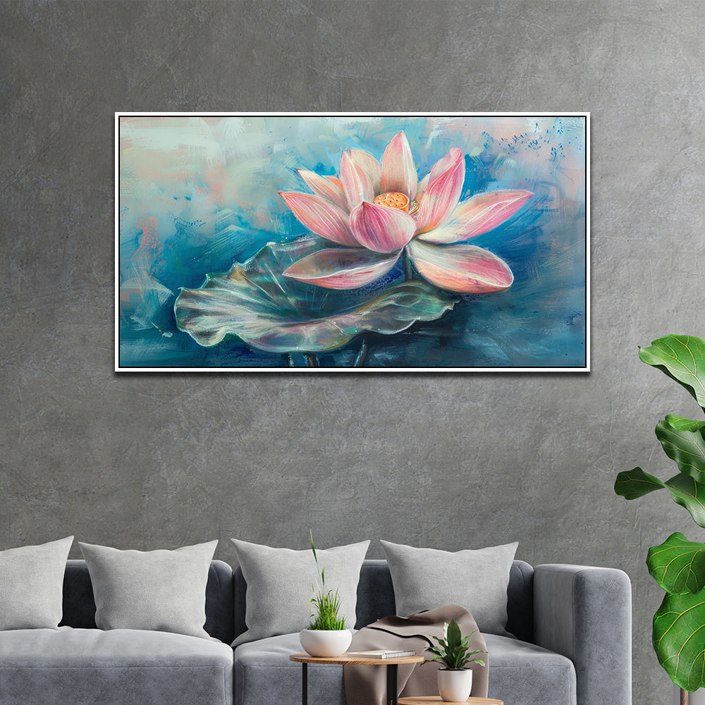 Elegant Floating Framed Abstract Pink Lotus Floral Vastu Canvas Wall Painting