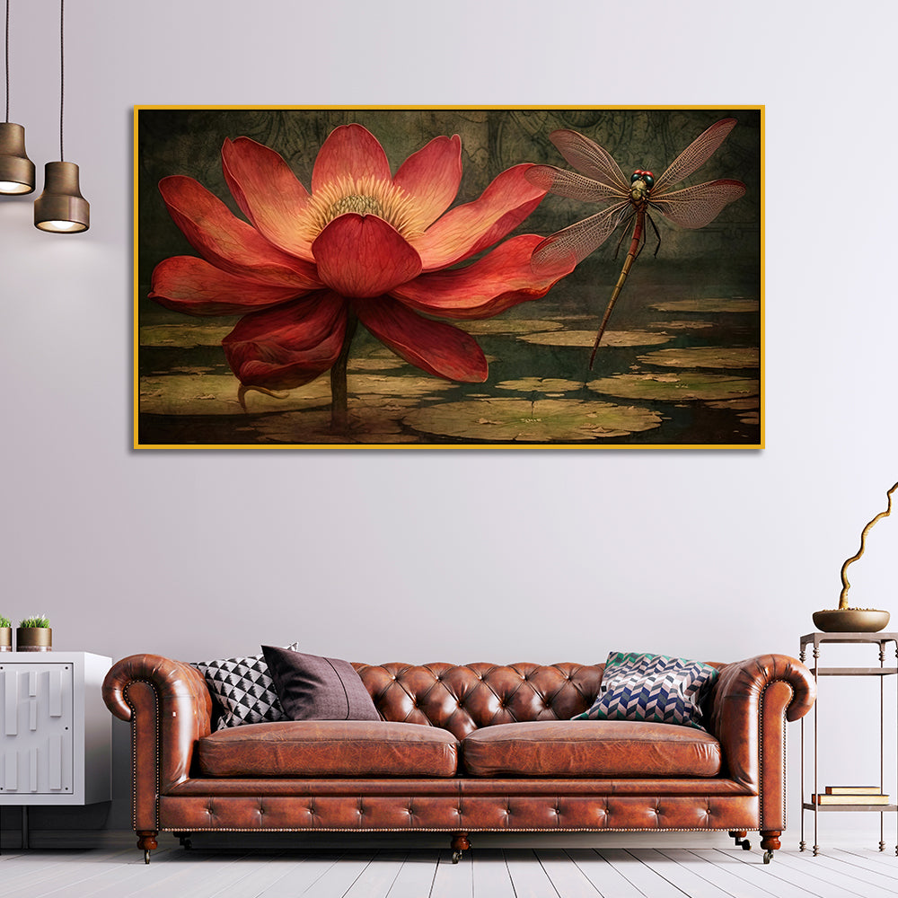 Dragonfly on Red Lotus Flower Canvas Painting for Home and Office Décor