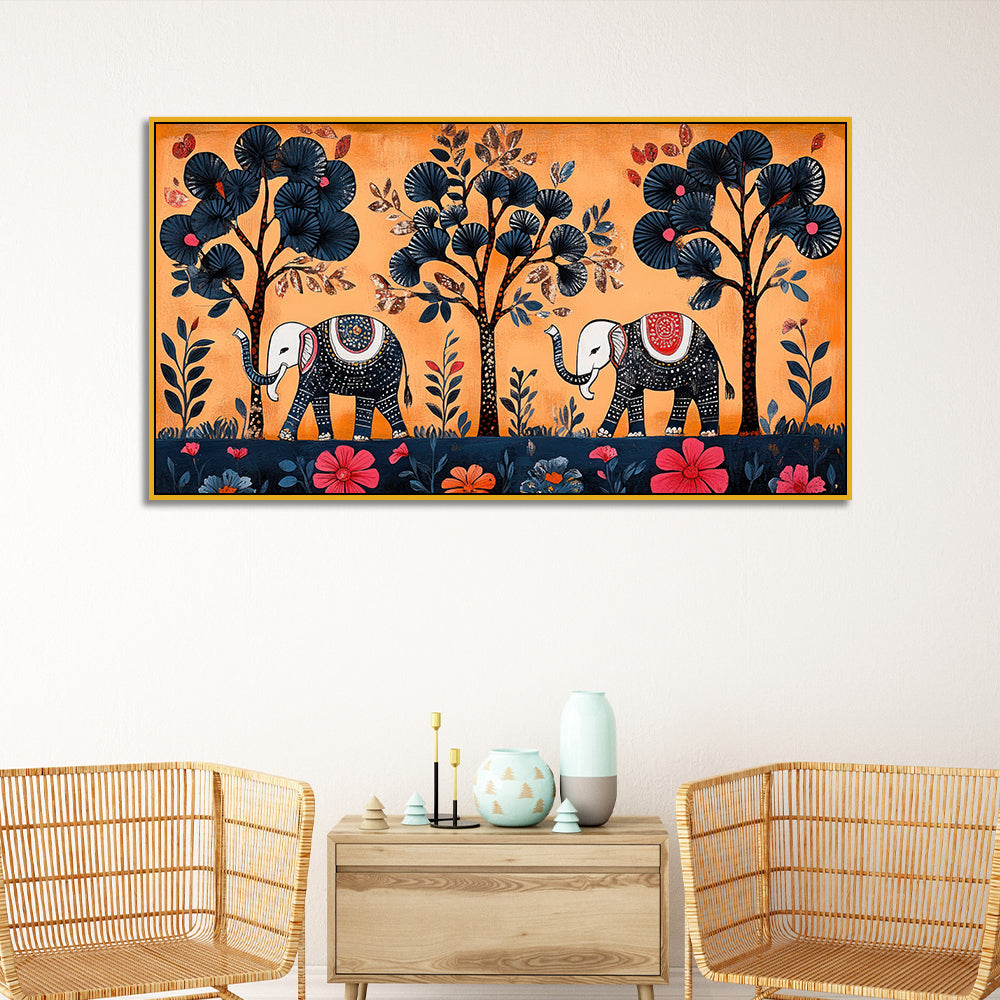 Traditional Gond Art Elephants and Trees Madhubani Canvas Wall Painting