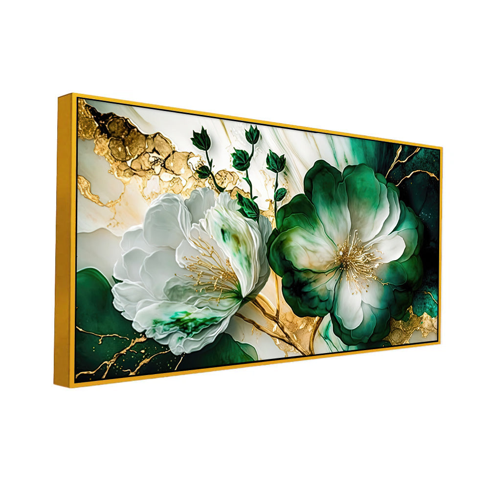 Beautiful Modern Golden Floral Canvas Wall Painting on Green Background