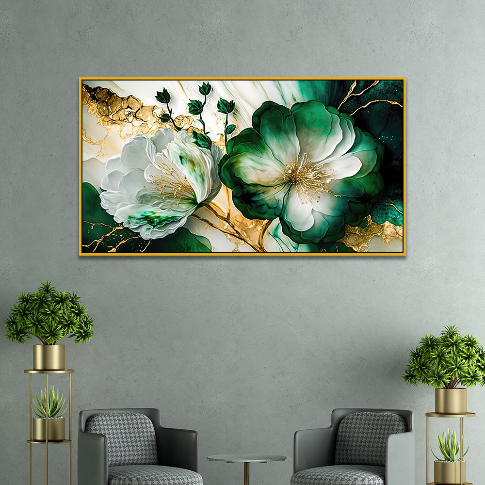 Beautiful Modern Golden Floral Canvas Wall Painting on Green Background