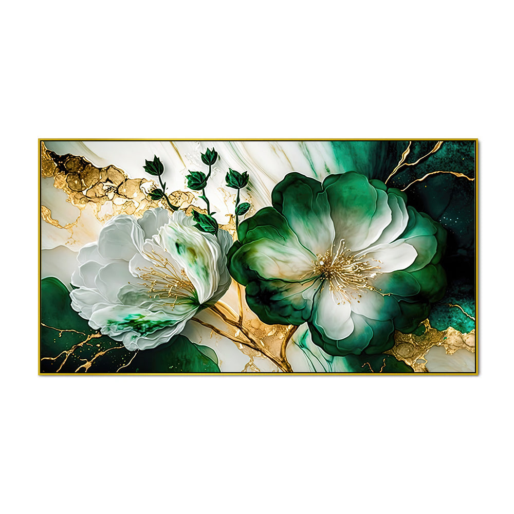 Beautiful Modern Golden Floral Canvas Wall Painting on Green Background