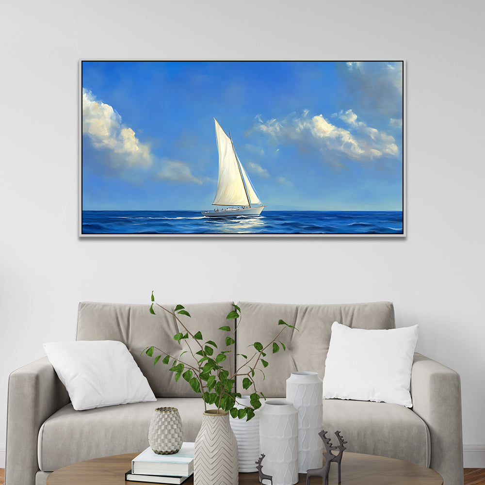 Abstract Canvas Painting of A Sailing Boat Gracefully Gliding Across Calm Blue Sea