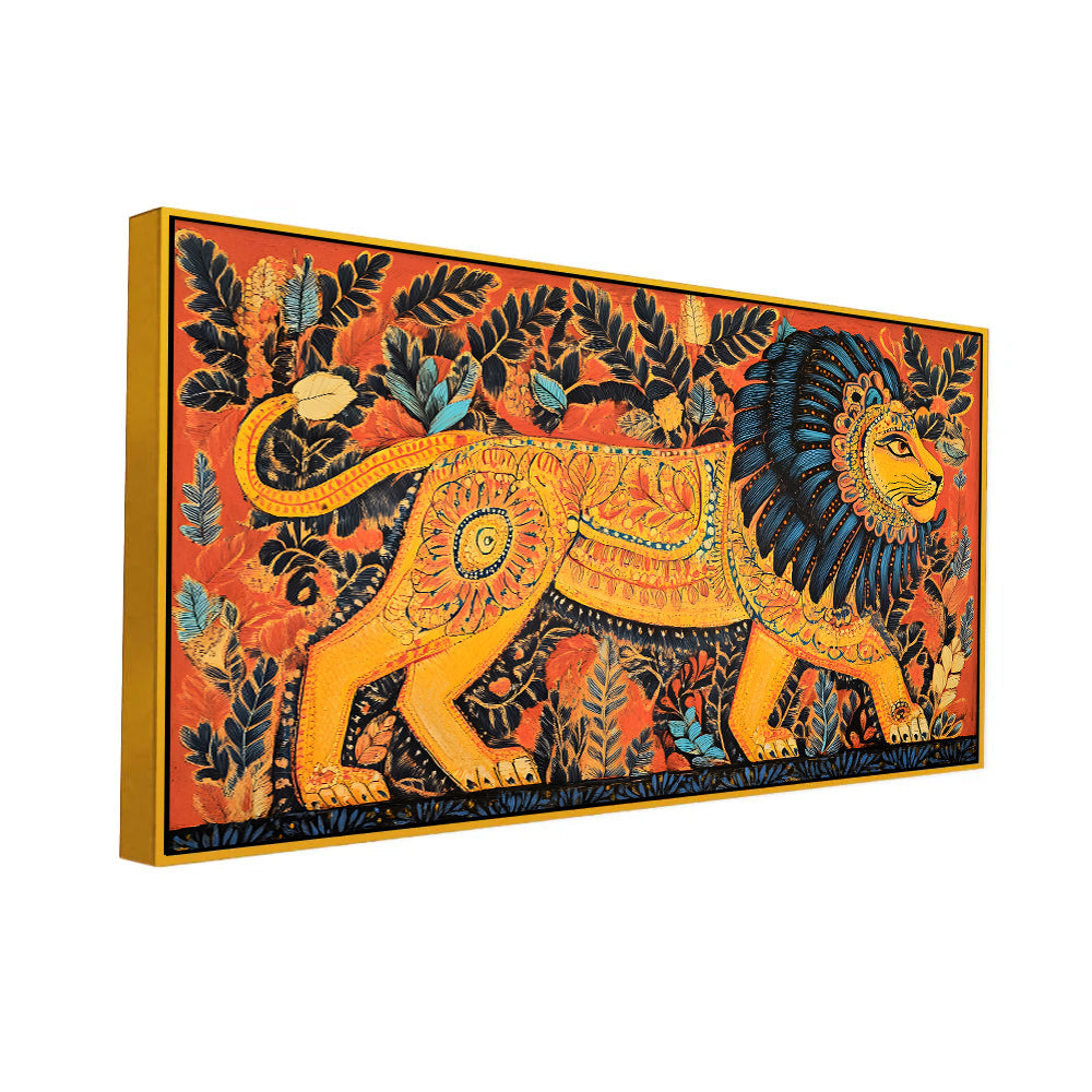 Vibrant Folk Art Style Traditional Lion Canvas Wall Painting