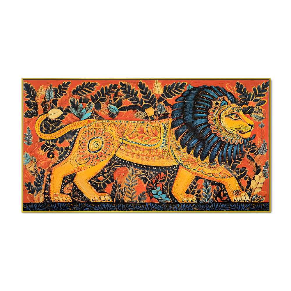 Vibrant Folk Art Style Traditional Lion Canvas Wall Painting