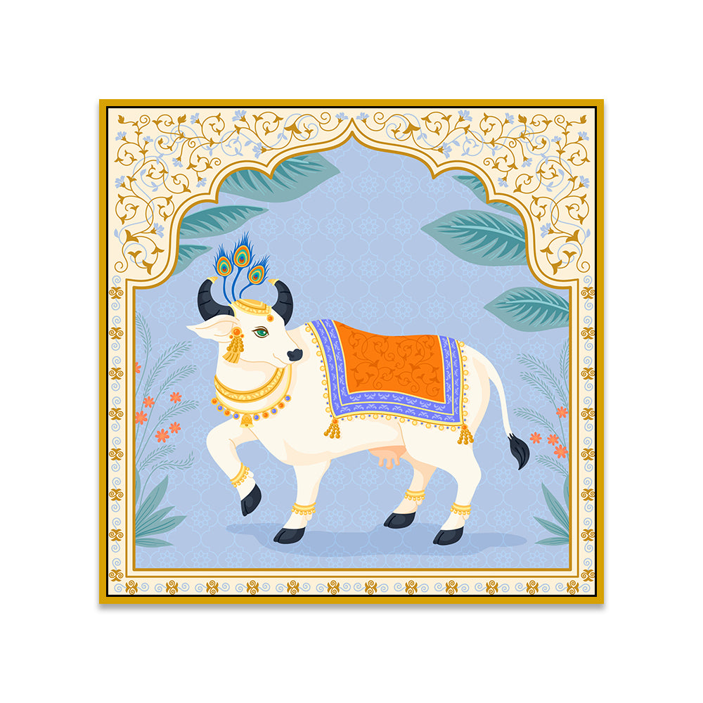 Divine Nandi Cow Traditional Indian Pichwai Style Canvas Wall Painting