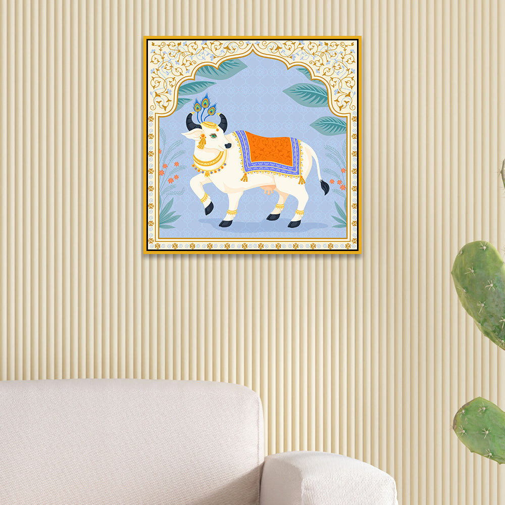 Divine Nandi Cow Traditional Indian Pichwai Style Canvas Wall Painting