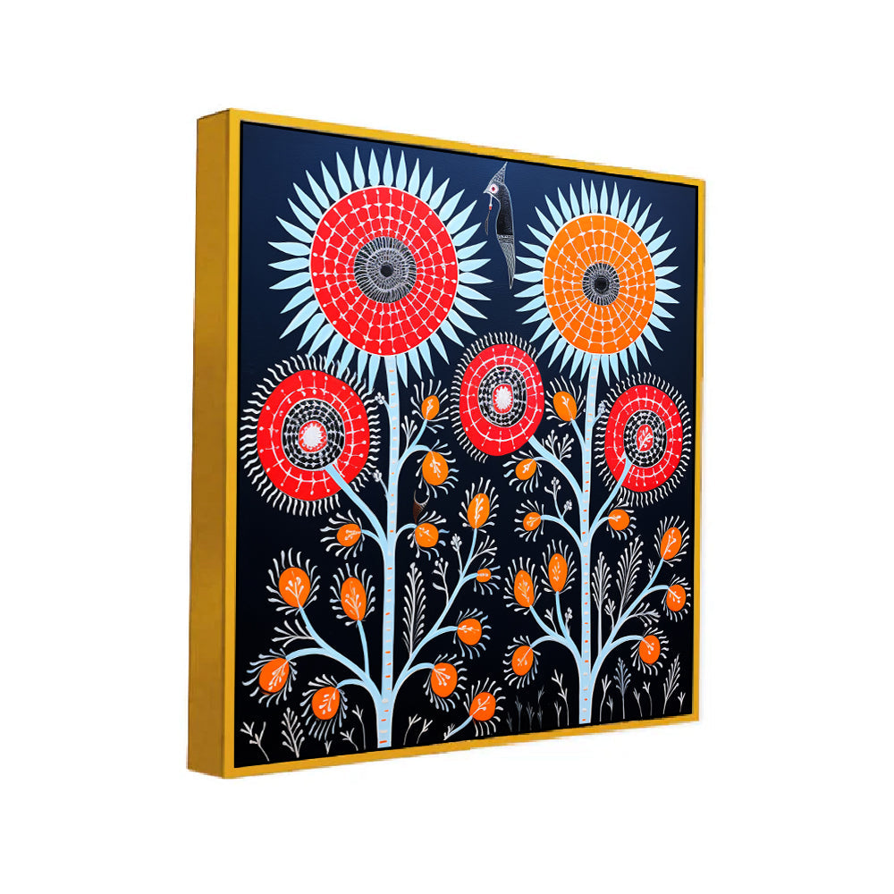 Tribal Bloom Gond Art Floral Canvas Wall Painting
