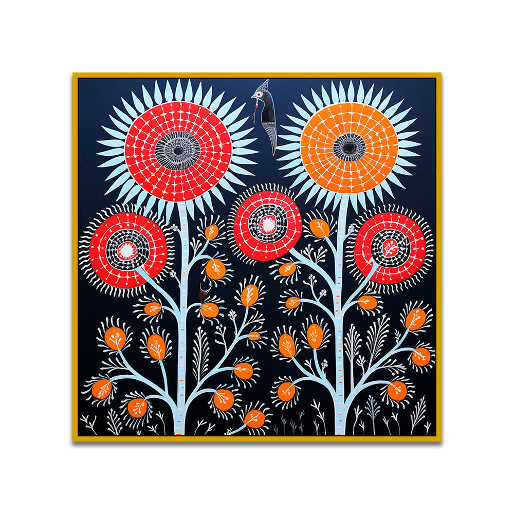 Tribal Bloom Gond Art Floral Canvas Wall Painting