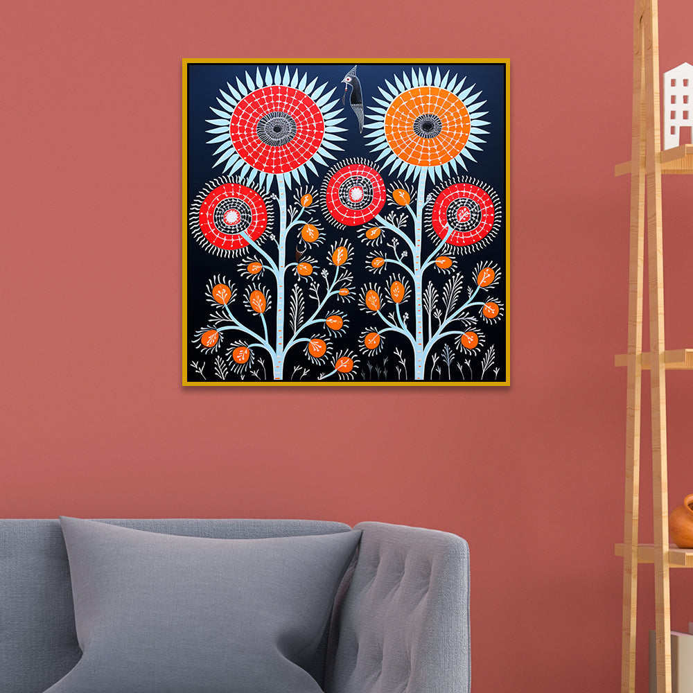 Tribal Bloom Gond Art Floral Canvas Wall Painting