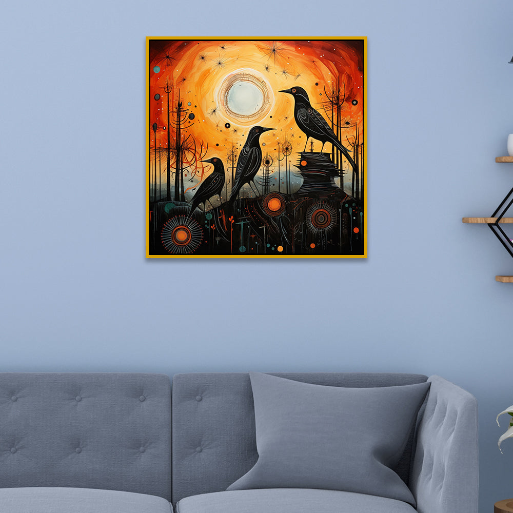 Abstract Crow Wall Decorative Art with Cosmic Sunset Background Canvas Painting