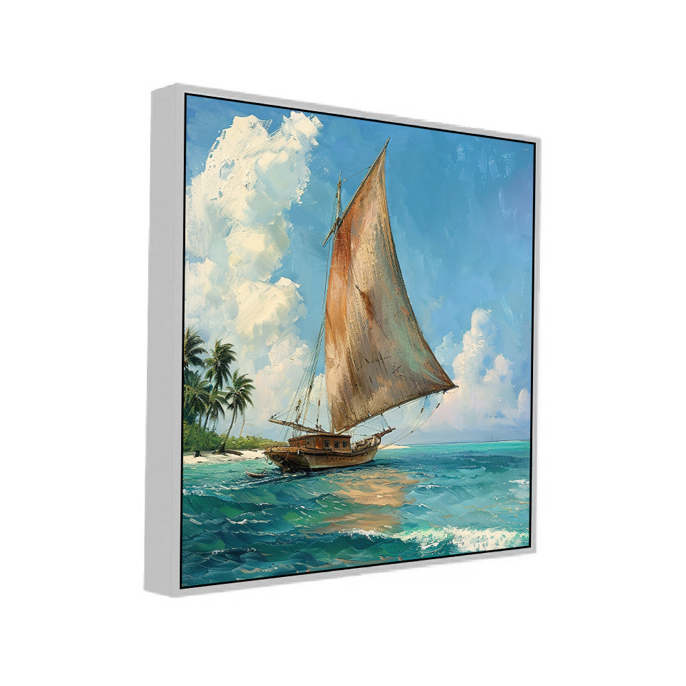Tropical Ocean Seascape Painting with Wooden Boat & Palm Trees
