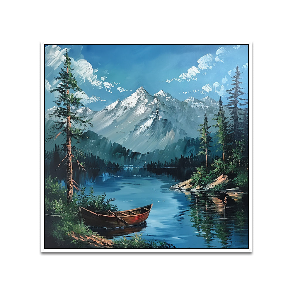 Snow Capped Mountain Nature Painting with Boat, Trees for Home Décor
