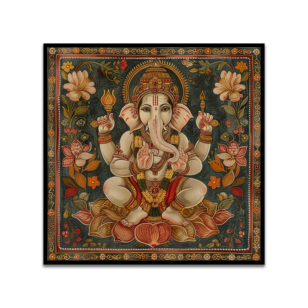 Lord Ganesha Traditional Indian Pattachitra Style Canvas Wall Painting
