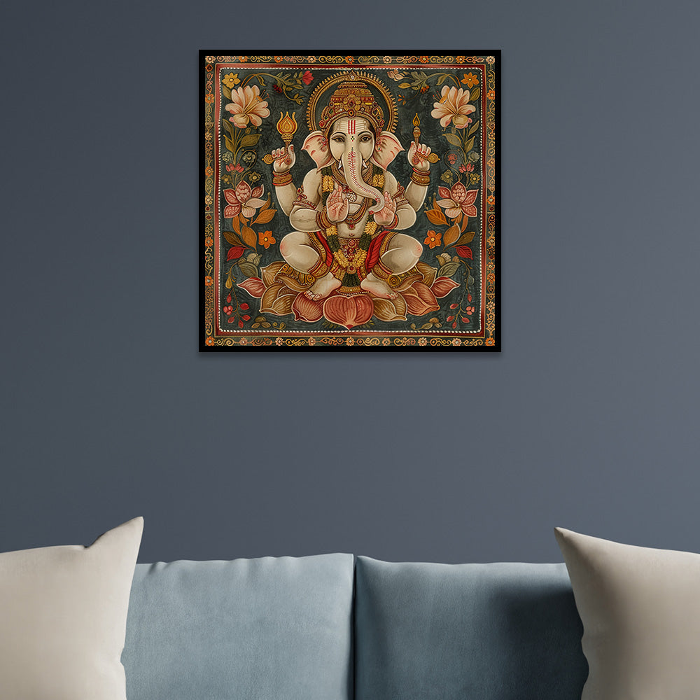 Lord Ganesha Traditional Indian Pattachitra Style Canvas Wall Painting