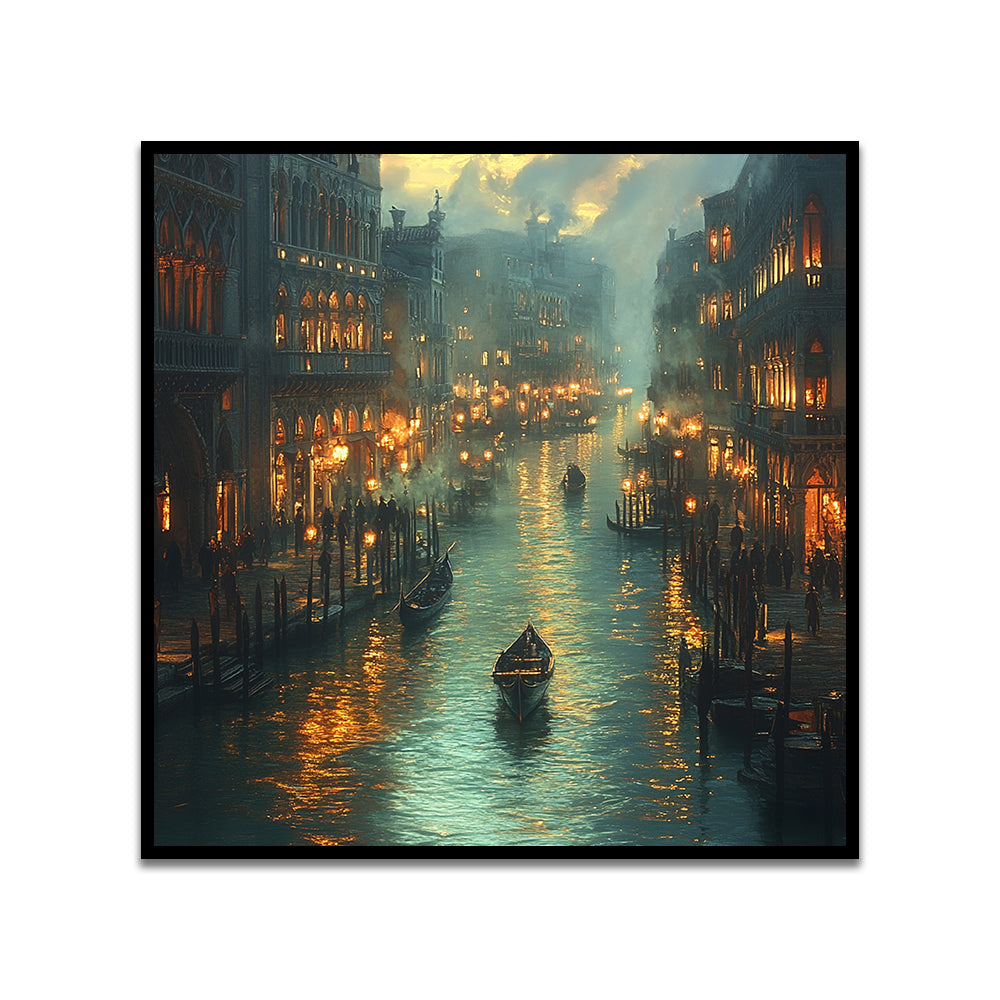 Venetian Night Canal Cityscape Canvas Wall Painting
