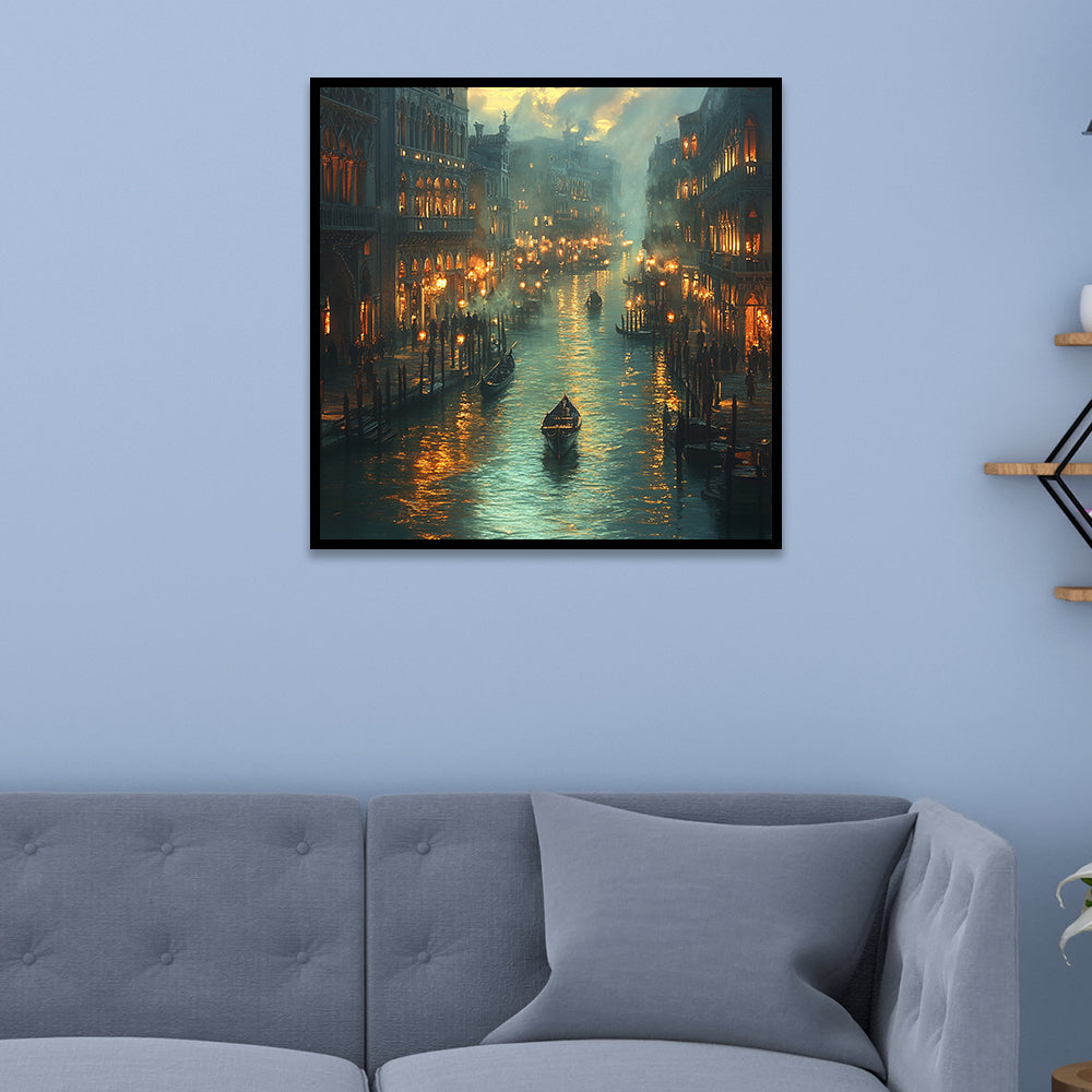Venetian Night Canal Cityscape Canvas Wall Painting