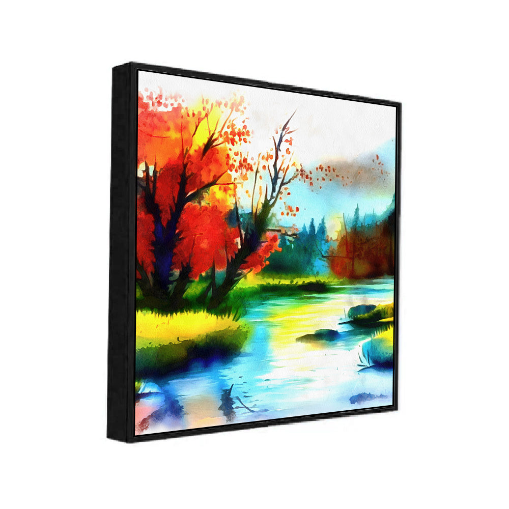 Autumn River Multicolor Square Canvas Wall Painting
