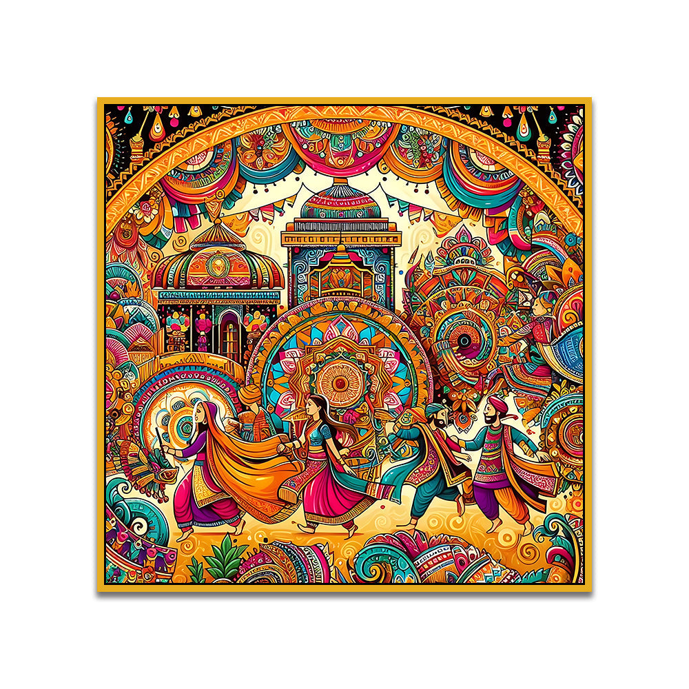 Colorful Indian Folk Art Madhubani Canvas Wall Painting