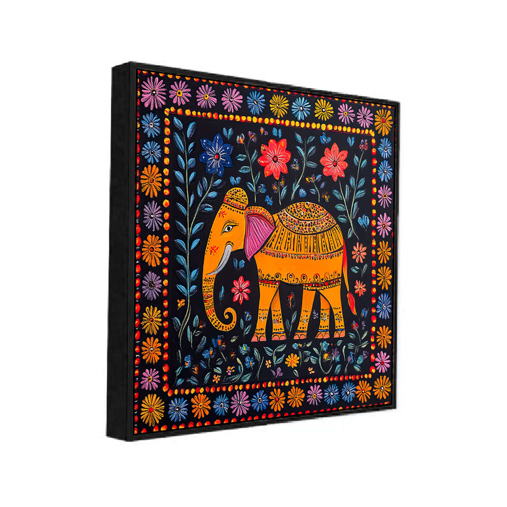 Colorful Indian Elephant Folk Art Canvas Wall Painting with Floating Frame
