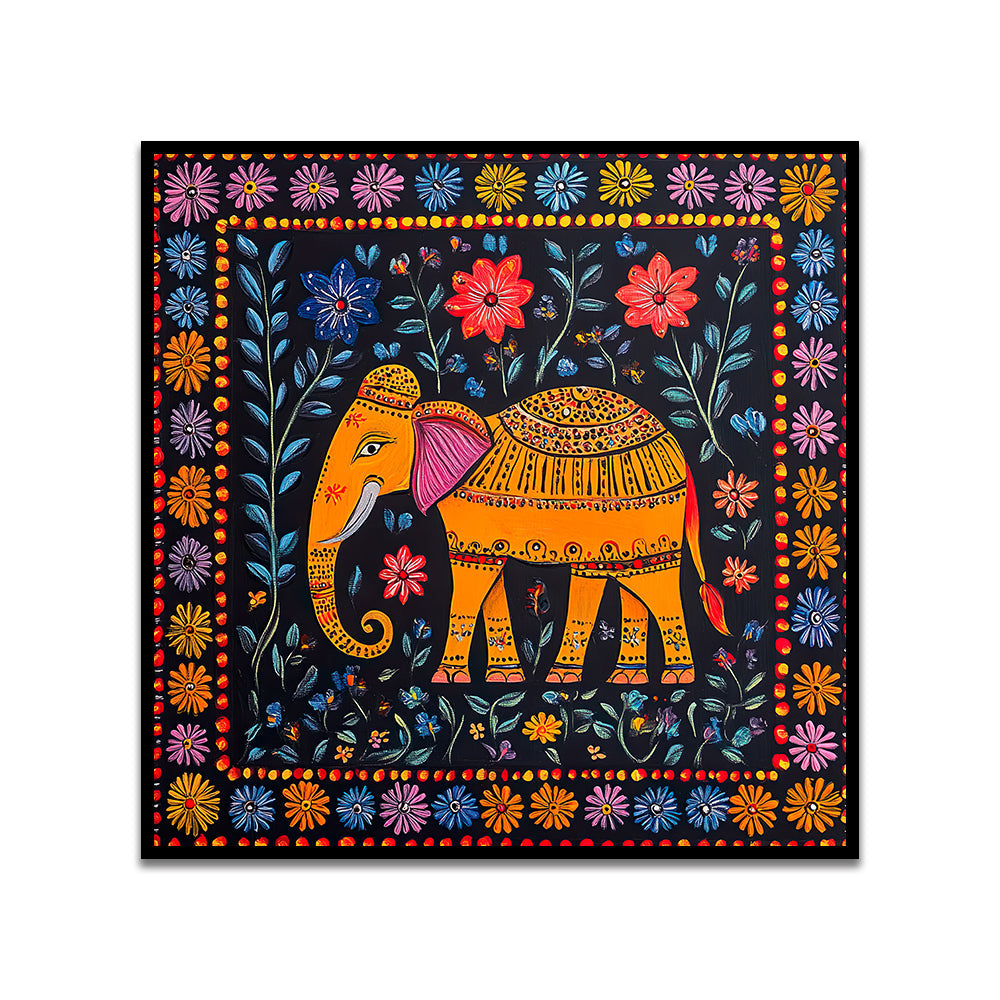 Colorful Indian Elephant Folk Art Canvas Wall Painting with Floating Frame
