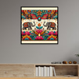 Colorful Indian Traditional Folk Art Elephant & Lotus Canvas Wall Painting
