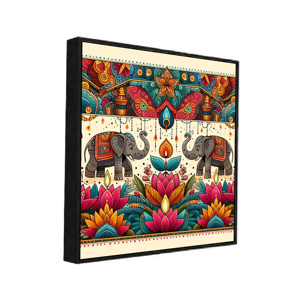 Colorful Indian Traditional Folk Art Elephant & Lotus Canvas Wall Painting