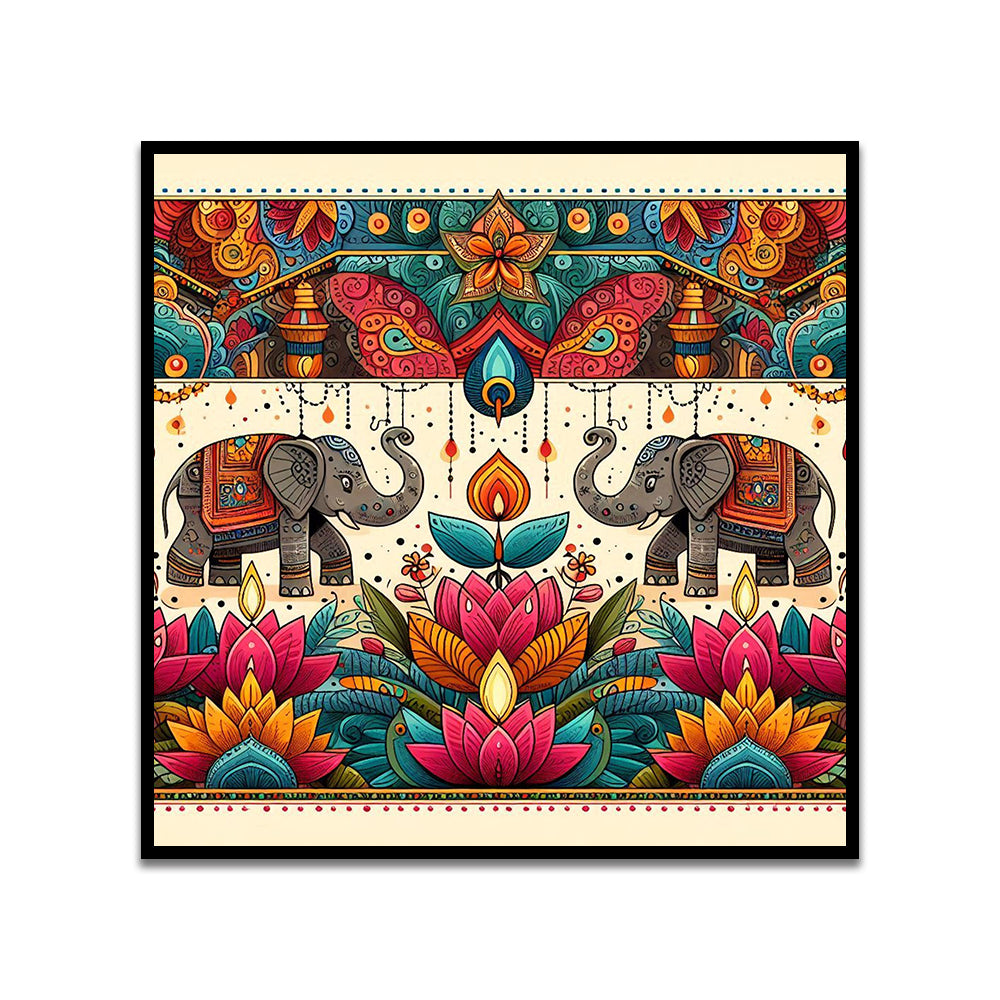 Colorful Indian Traditional Folk Art Elephant & Lotus Canvas Wall Painting