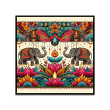 Colorful Indian Traditional Folk Art Elephant & Lotus Canvas Wall Painting