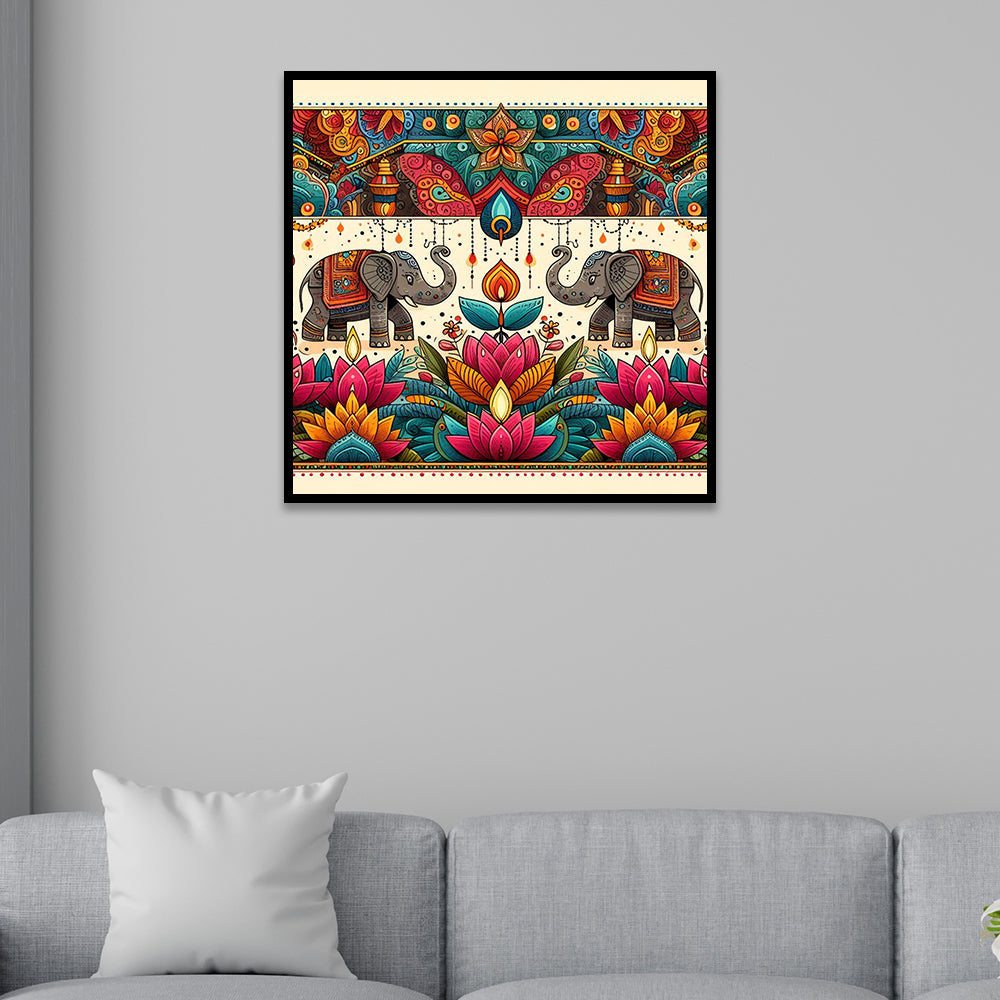 Colorful Indian Traditional Folk Art Elephant & Lotus Canvas Wall Painting