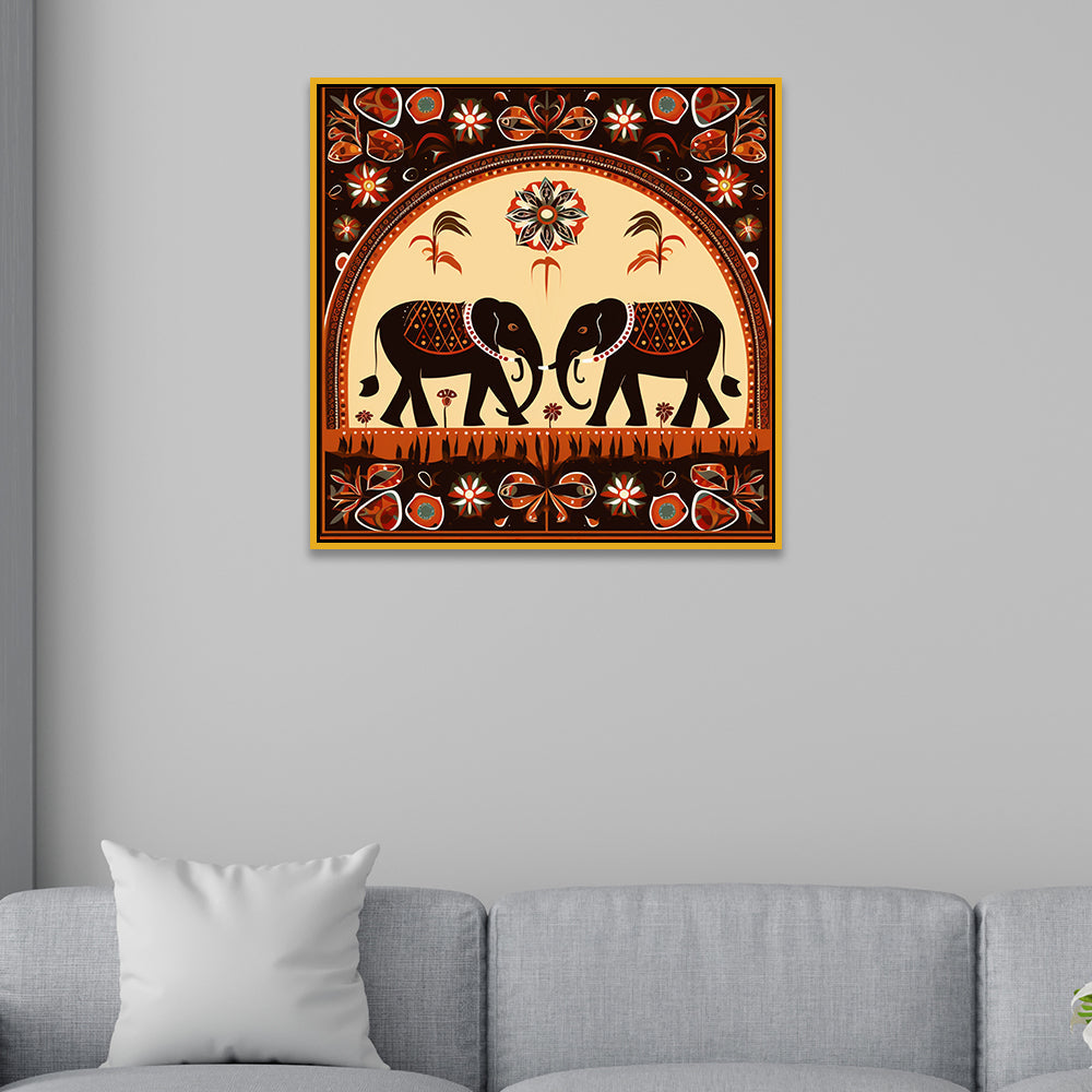 Traditional Twin Elephants Indian Tribal-Inspired Folk Art Canvas Painting