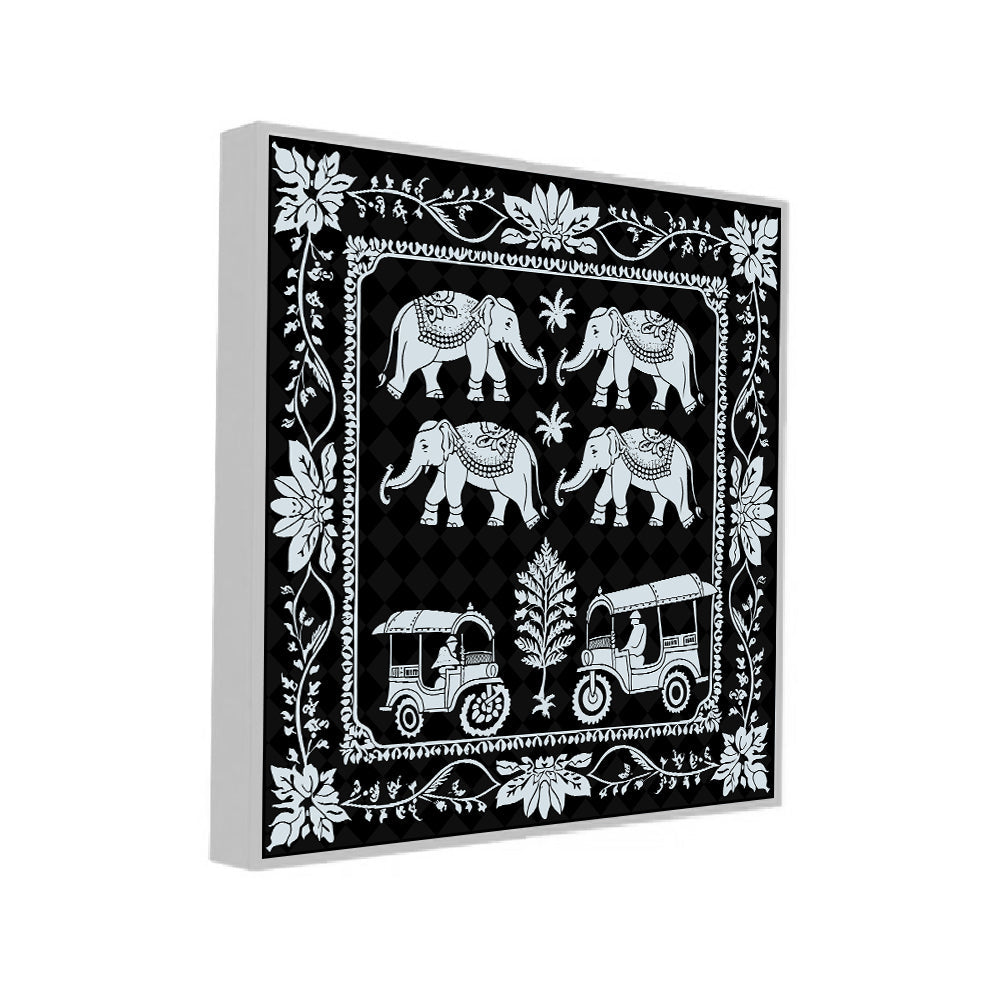 Monochrome Indian Folk Art Canvas Painting with Floating Frame