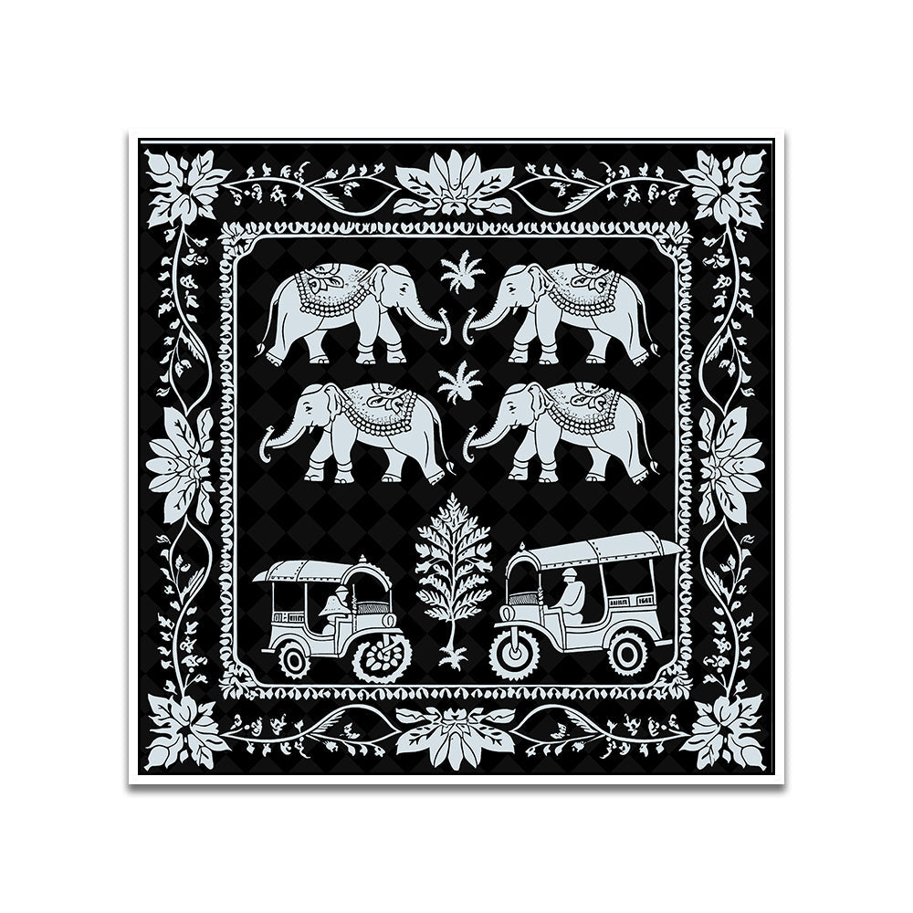 Monochrome Indian Folk Art Canvas Painting with Floating Frame