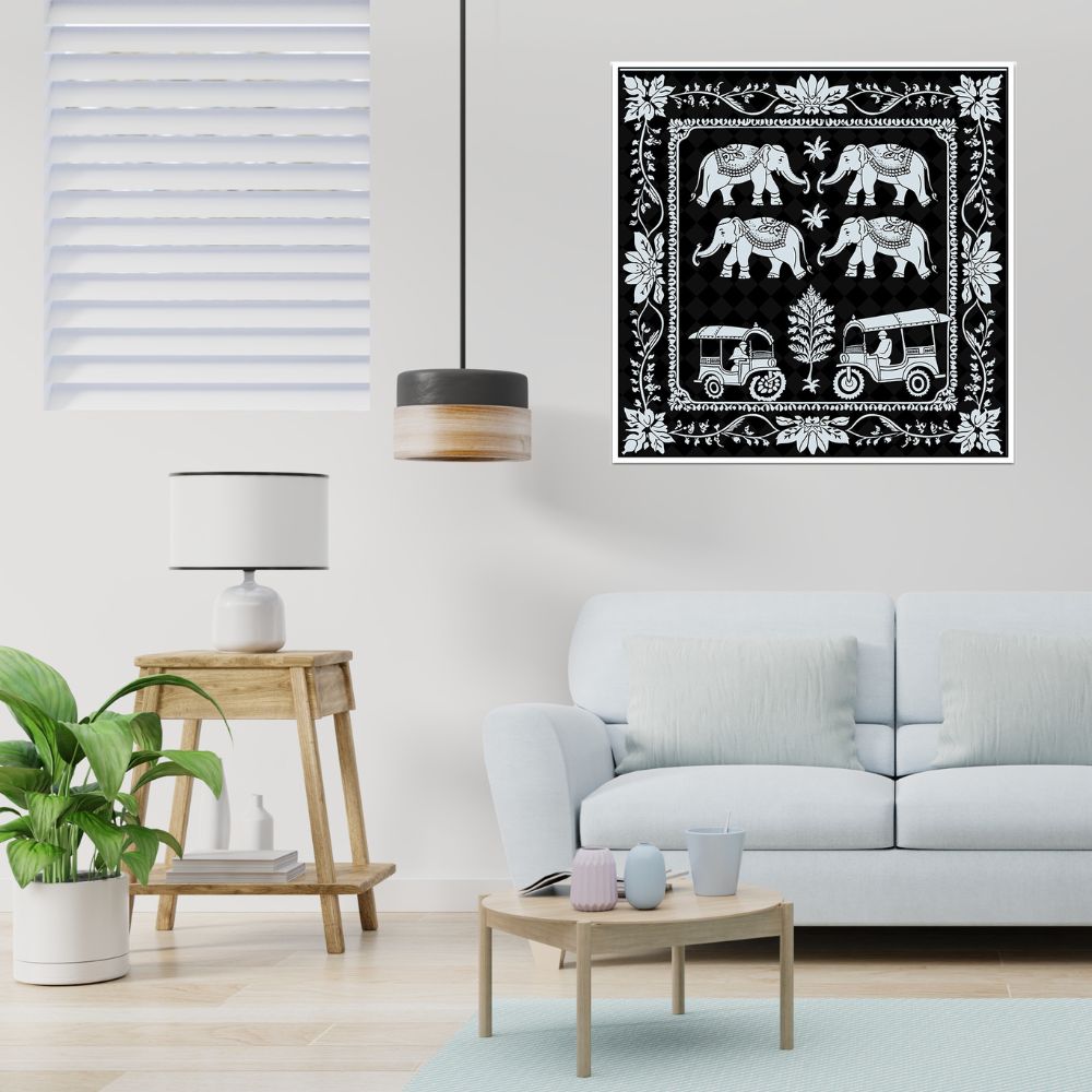 Monochrome Indian Folk Art Canvas Painting with Floating Frame