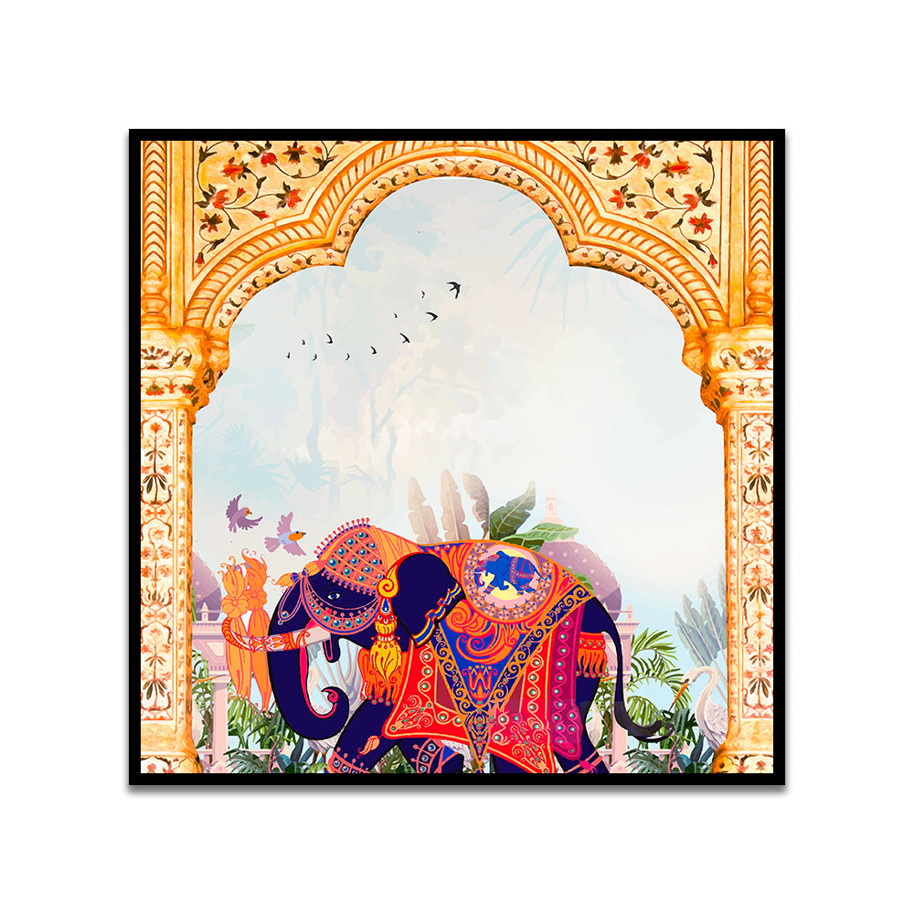 Royal Elephant Under Archway Traditional Indian Art Canvas Wall Painting
