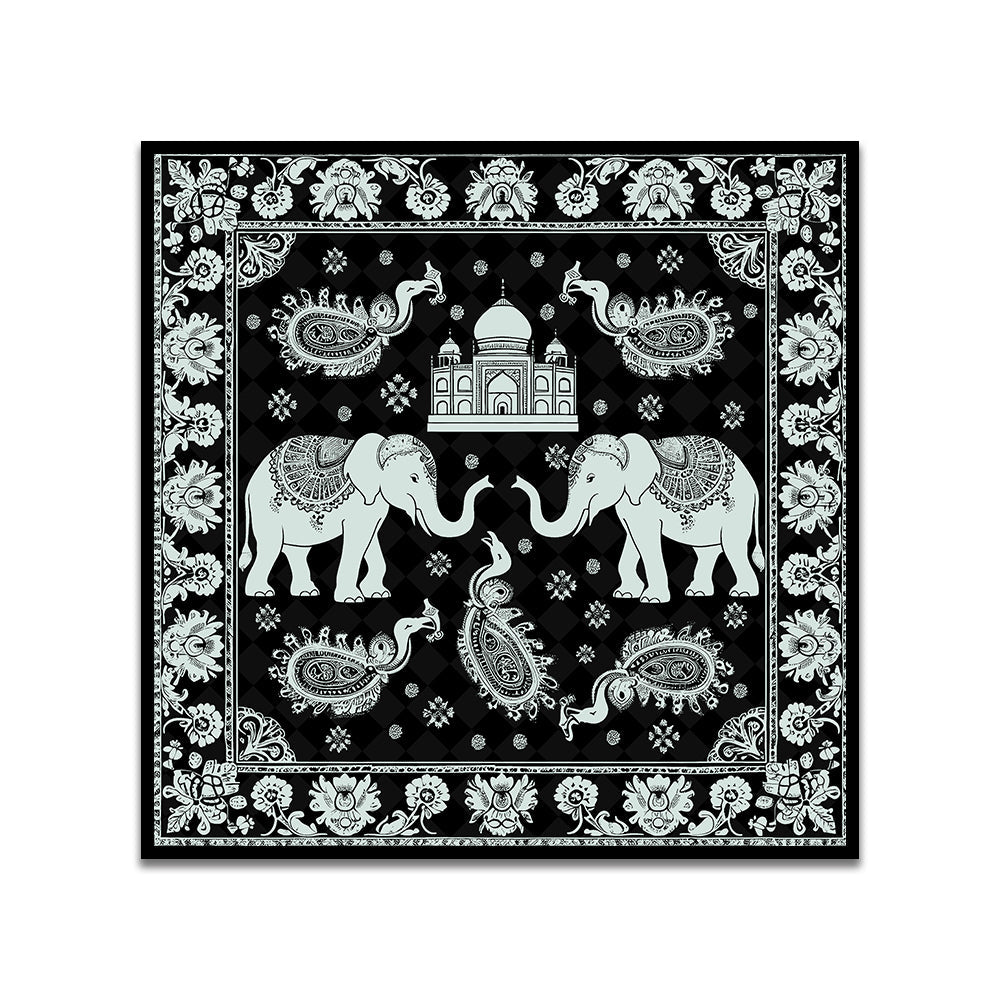 Mughal-Inspired Elephant & Paisley Art with Taj Mahal Motif Canvas Wall Painting
