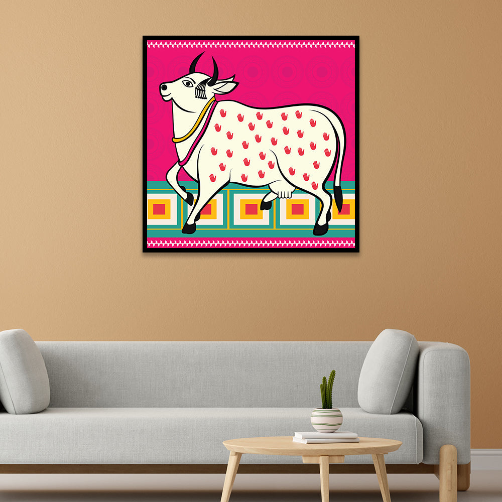 Vibrant Indian Folk Art Traditional Sacred Cow Canvas Wall Painting