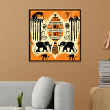 Tribal Elephant Ethnic Village Pot Motif with Nature Elements Canvas Wall Painting