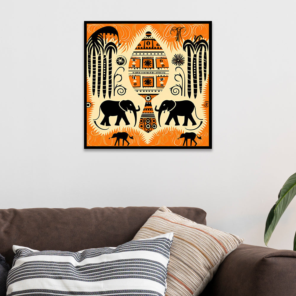 Tribal Elephant Ethnic Village Pot Motif with Nature Elements Canvas Wall Painting