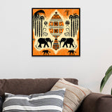 Tribal Elephant Ethnic Village Pot Motif with Nature Elements Canvas Wall Painting