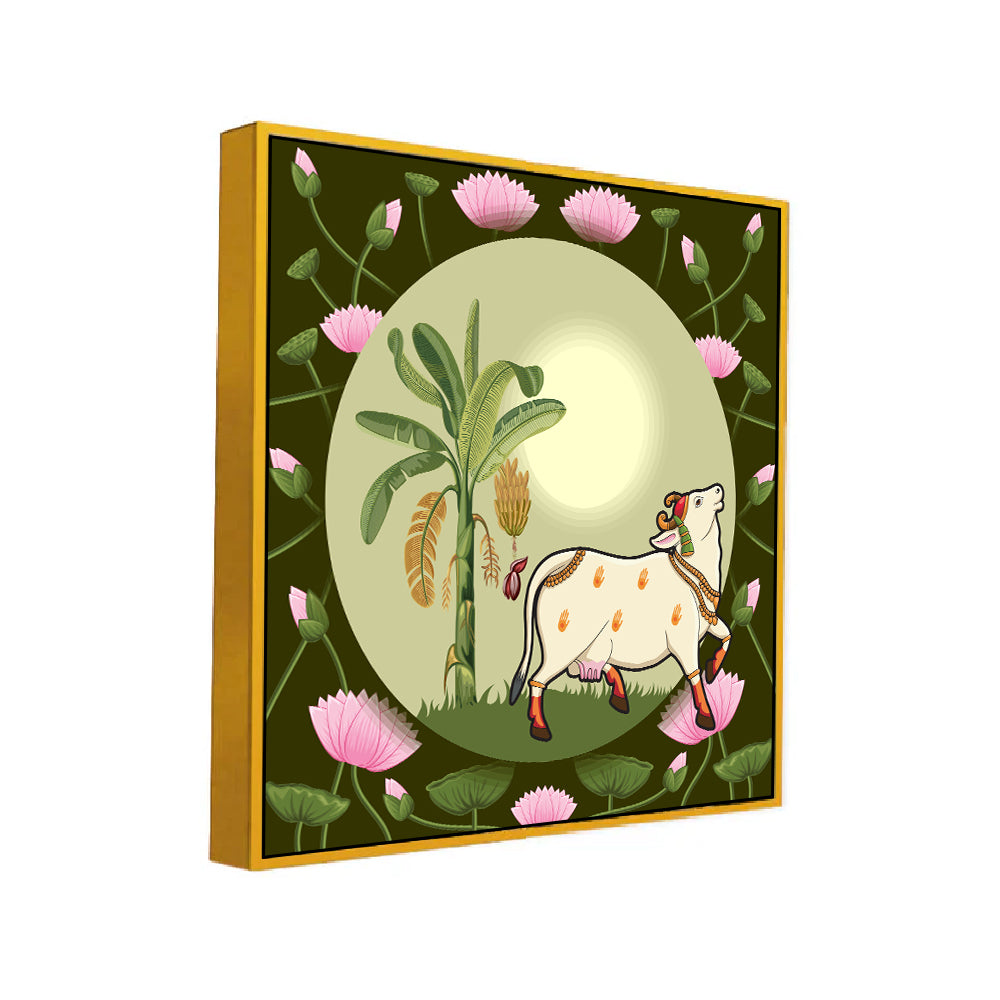 Exquisite Pichwai Canvas Painting with Cow and Lotus Design