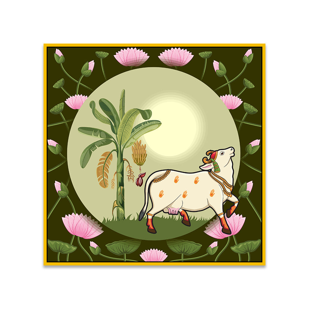 Exquisite Pichwai Canvas Painting with Cow and Lotus Design