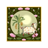 Exquisite Pichwai Canvas Painting with Cow and Lotus Design