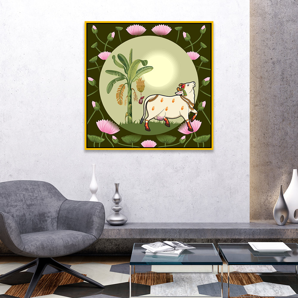 Exquisite Pichwai Canvas Painting with Cow and Lotus Design