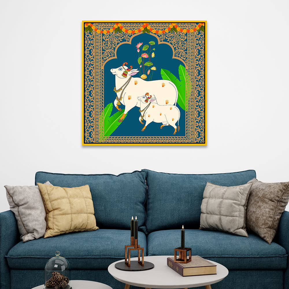 Pichwai Canvas Painting with Traditional Floral and Cow Designs